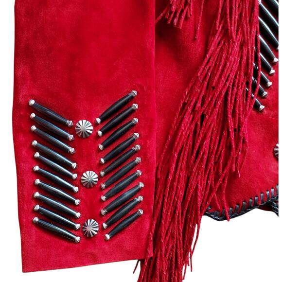 Vintage Cripple Creek Red Suede Leather Western Womens Jacket Beads Conchos Sz L - Picture 4 of 8